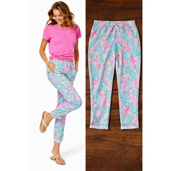 Lilly Pulitzer Taron Linen Pants Small Sea Turtle Soiree Lagoon Pull On Resort - Picture 2 of 10